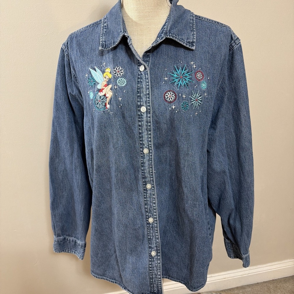 Vintage Disney Tinkerbell Embroidered Denim‎ Shirt Size XXL